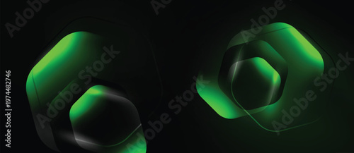 Dark background features layered hexagons. Vibrant green glows emanate from shapes, creating futuristic design. Minimalist aesthetic, sleek presentation.
