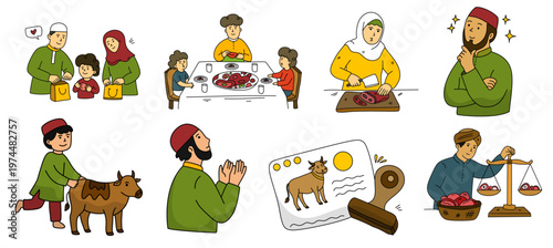 Happy muslim families and individuals celebrating the sacred feast of sacrifice day