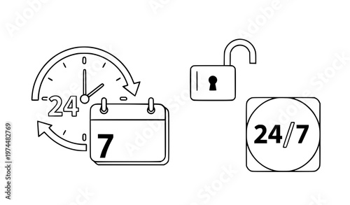 A vector graphic illustration of 24/7 service icons with clock and lock