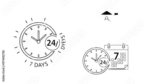A minimalist vector graphic illustrating 24/7 service with clocks and calendar