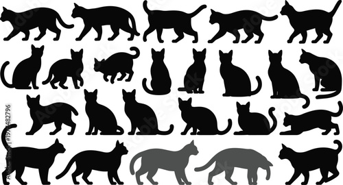 Large collection of black cat silhouettes in various poses including sitting, walking, and stretching for pet shop logos, vet clinics, and feline illustrations.