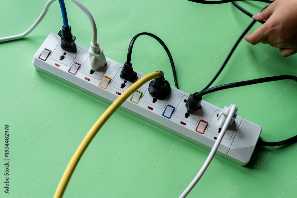 Fototapeta premium Power strip with colorful cables