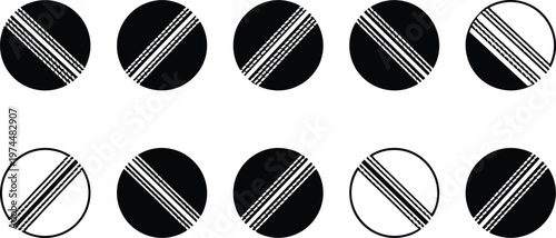 Vector set of black and white cricket ball silhouettes featuring realistic seam stitching details for sports competition logos, league branding, and equipment catalog graphics.
