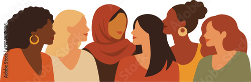 Multicultural diverse women group including hijab representation diversity inclusion and equality flat vector illustration.