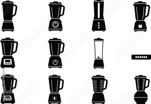 Vector set of black blender icons and kitchen appliance silhouettes featuring various mixer designs for healthy smoothie shops, cooking apps, and restaurant menu graphics.