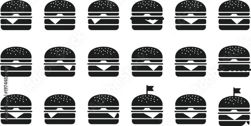 Vector set of black burger icons and cheeseburger silhouettes featuring various layers and toppings for fast food restaurant menus, logos, and delivery app graphics.