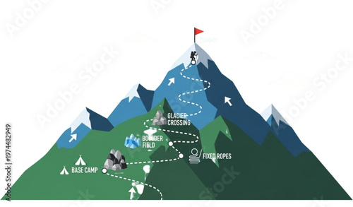 A vector graphic illustration of a mountain with a hiking trail and landmarks