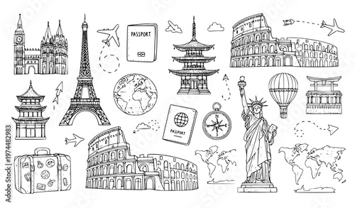 A black and white vector illustration of famous landmarks and travel icons