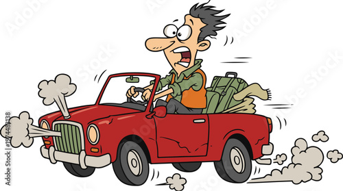 Cartoon man driving a red vintage car, fast motion, exaggerated expression, comic style illustration