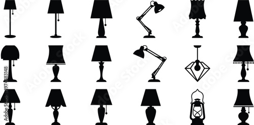 Vector set of black lamp silhouettes featuring desk lamps, floor lights, vintage table fixtures, and lanterns for home decor branding and interior design graphics.
