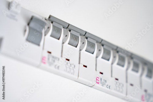 Obraz na plátně Close up of circuit breakers in electrical distribution panel