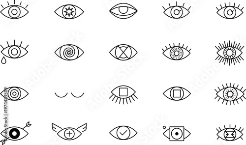 Vector set of mystical eye line icons featuring various pupil designs and eyelashes for spiritual branding, occult symbols, and modern esoteric aesthetic graphics.