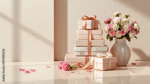 Stacked gift boxes with ribbon and vase with roses on display