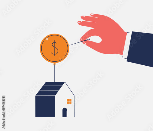 end of investment support in construction sector. money bubble collapsing concept. hand pierces a balloon with a needle, house floating on it. vector illustration