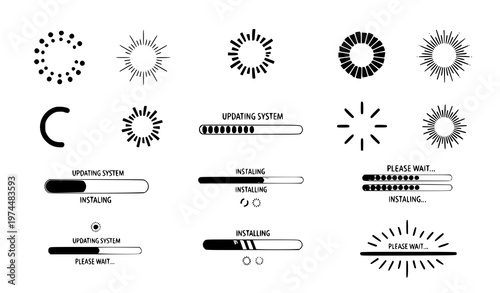 A set of vector graphics illustrating loading and updating system icons