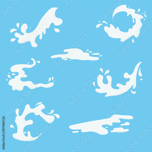 Milk splashes and drops on a blue background. Vector illustration. Milk waves and splashes for dairy product advertising, simple design isolated on a white background