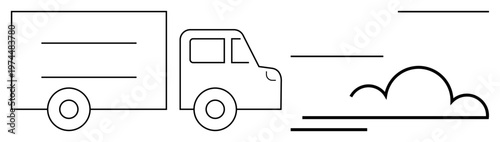 Transportation, delivery services, shipping, logistics, motion, minimal line art. A line art truck driving with motion lines and a cloud. Transportation and delivery services concept