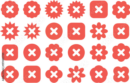 Red cross mark collection with white X icons inside various shapes representing rejection, error, cancel and forbidden signs