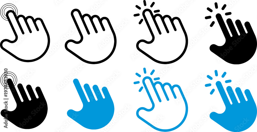 Fototapeta premium Hand cursor icon, Hand click icon set, Hand cursors icons click set vector illustration on transparent background, blue cursor Computer mouse click cursor gray arrow icons set and loading icons.
