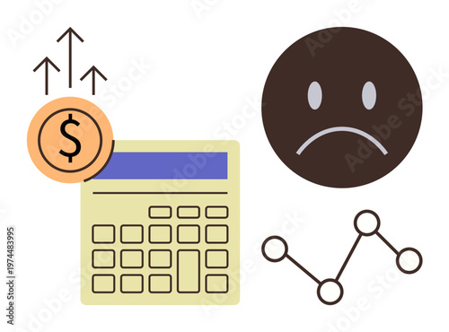 Financial planning, budgeting, economics, inflation, monetary policy, market trends. A calculator, dollar sign sad face and a declining chart . Financial planning and budgeting concept