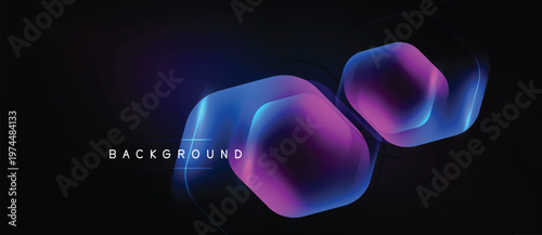 Abstract neon hexagons glow against dark backdrop. Gradient colors blend, creating futuristic visual effect. Minimalist design emphasizes shapes, light.