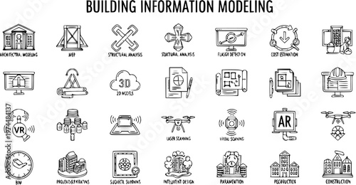 Hand-drawn Building Information Modeling (BIM) Concept Icons Set: Architectural, Structural, MEP, Cost, VR, AR, and Drone Scanning