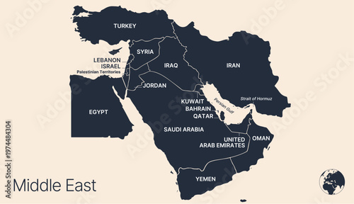 Political middle east asia map, infographic. Detailed middle east arab asia map territory, regional nations. Global asia map middle east borders. Iran, Israel, Saudi Arabia. Vector Illustration