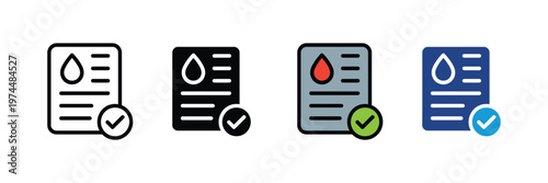 Medical blood test result report with check mark icon vector set. Clinical laboratory diagnosis, hematology analysis document, health insurance approval, and successful medical exam completion symbol.