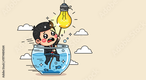 Businessman trapped in fishbowl with glowing lightbulb above, symbolizing a breakthrough idea or innovation