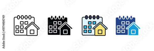 Calendar with house home icon vector set. Real estate appointment scheduling, property tax deadline, house warming party date, and mortgage payment reminder symbol. Home management and residency plan