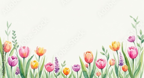 Spring garden watercolor border with colorful tulips and lavender flowers on plain white background for horizontal floral frame.