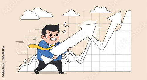 Determined businessman struggling to push upward trending arrows representing financial growth and success