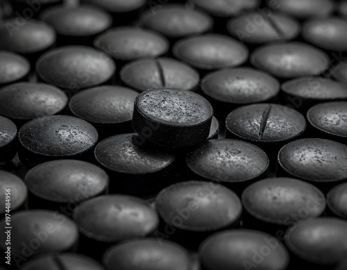 A close-up, monochromatic shot displays a multitude of oval, textured objects. One item stands apart. Background shows countless identical pieces