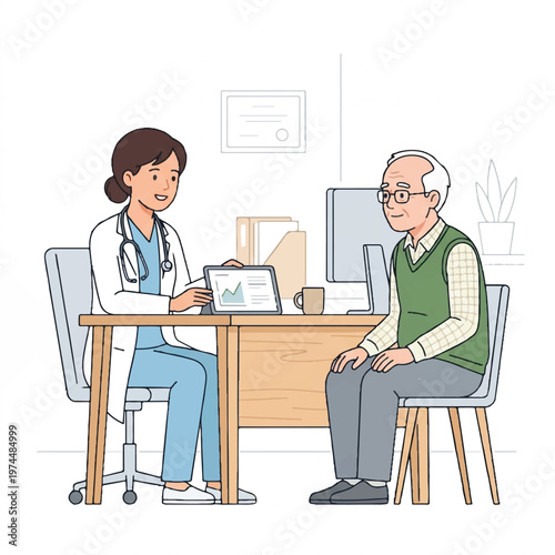 Cartoon illustration of a female doctor consulting an elderly male patient in a modern medical office with a clean white background.