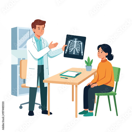 A doctor showing an X-ray image to a patient in a consultation room with a table and green chair.