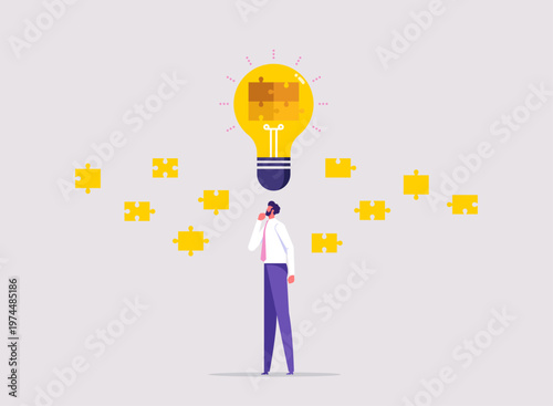 Symbolizing creative thinking and strategic problem solving, businessman analyzing floating puzzle pieces around glowing lightbulb