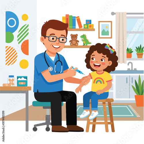 A male doctor administering a bandage to a young girl's arm in a pediatric clinic with colorful decorations and a friendly atmosphere.