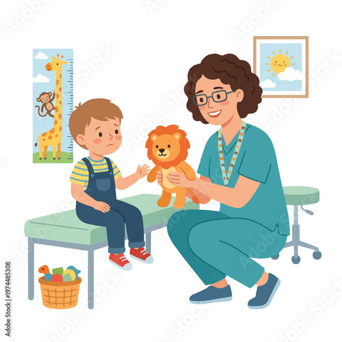 A woman in teal scrubs sits on a medical examination table with a young boy, holding a stuffed lion toy in a pediatric office.