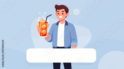 Smiling man enjoying a refreshing iced drink with ice and a straw, presented against a light blue background.