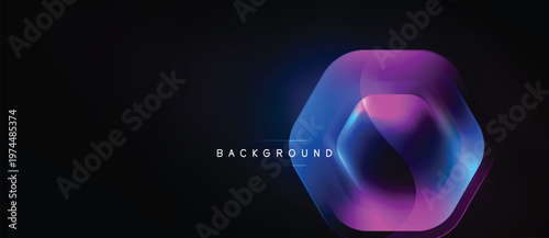 Dark background features glowing hexagon. Vibrant pinks, blues create futuristic effect. Text reads background. Minimalist design.