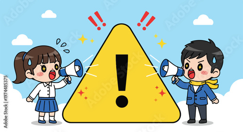Two cartoon schoolgirls with surprised expressions holding a warning sign with exclamation mark in a bright outdoor