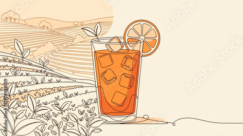 Continuous line art illustration of a refreshing iced drink with an orange slice and terraced tea fields in the background, featuring warm tones.