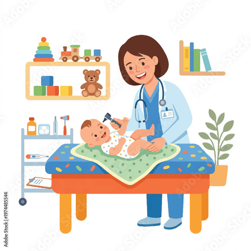 A smiling female pediatrician examining a baby on an examination table in a colorful, well-organized nursery with a joyful and professional mood.