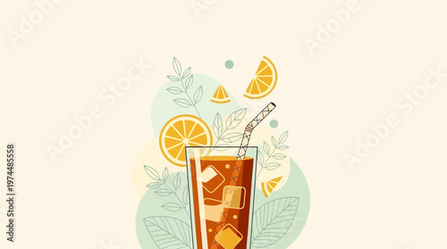 Refreshing iced tea drink with ice cubes, orange slices, and botanical leaves in a clean, flat illustration style.