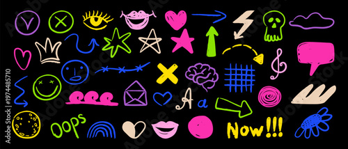 A collection of hand-drawn neon doodle icons. A set of vibrant signs, symbols, and shapes on a black background. An artistic graphic element for creative designs and illustrations.