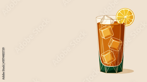 A refreshing glass of iced tea with ice cubes and an orange slice on a plain background.