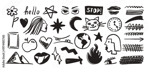 A set of hand-drawn sketches depicting various abstract symbols. A collection of black sketches and artistic elements for graphic design, stickers, journaling, and notes.