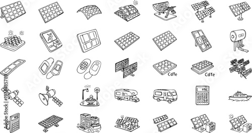 Solar Energy  Renewable Technology Doodle Icons Set: Panels, Satellites, Smart Devices, Eco-Vehicles, and Sustainable Living Concepts Hand-Drawn