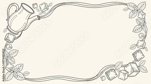 Elegant line art frame with teapot, ice cubes, and fresh mint leaves for a refreshing drink design.