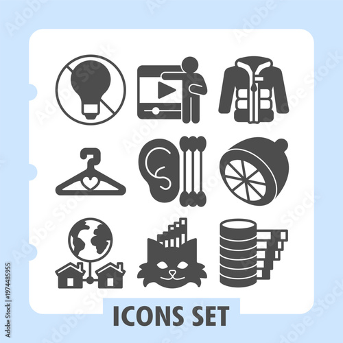 Set of nine vector glyph icons representing clothing, hygiene, network, data and presentations concepts. Ideal for web design, presentations and print on white background.